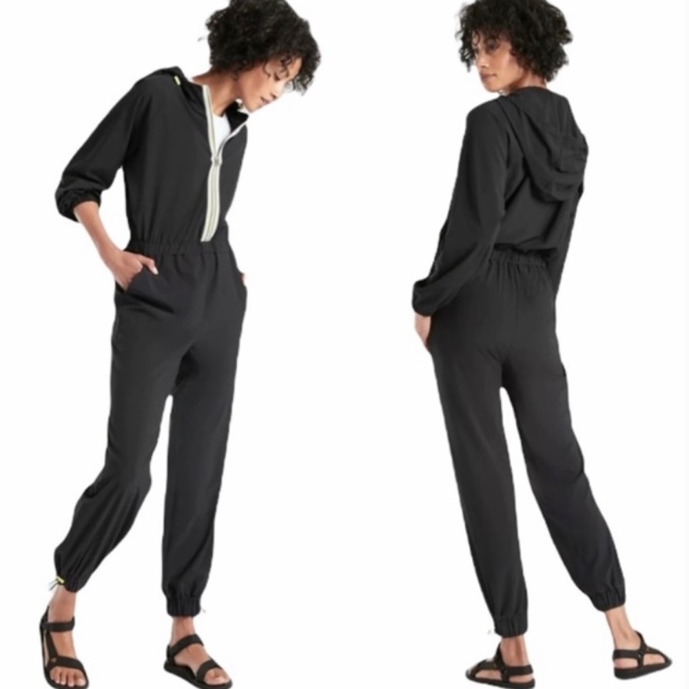 Athleta Black Hooded Zip Jumpsuit with Contrast Trim
